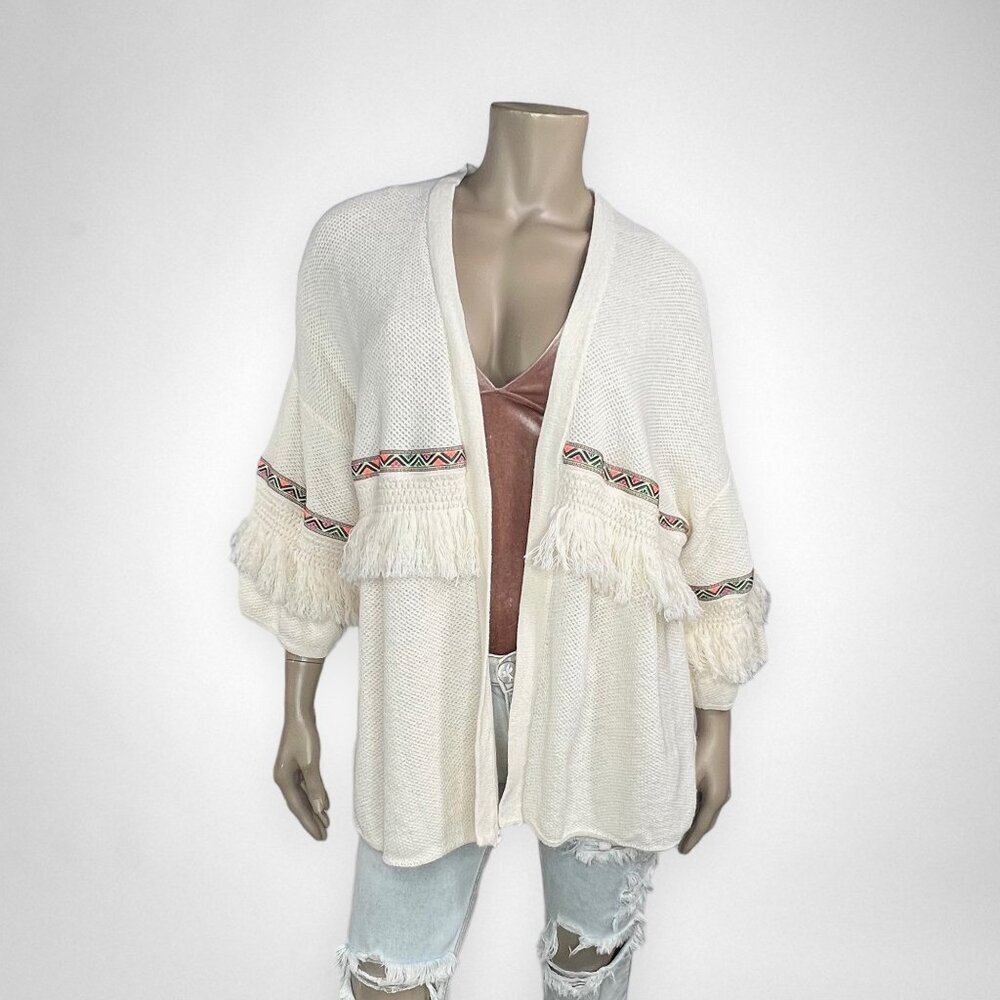 H&M COACHELLA Large Cream Cardigan Sweater Oversized Boho Fringe Knit Casual